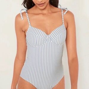 Tie Shoulder Seersucker Blue White Striped One Piece Bathing Swimsuit